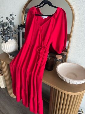Emma & Michele Vibrant Red Wrap Maxi Dress with Puff Sleeves